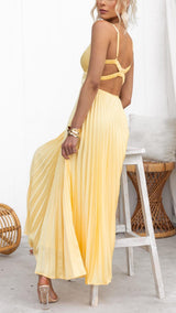 Elegant Pleated Dress in Sun Yellow – Sleeveless with V-Neck & Flowing Silhouette