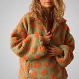 Women's Floral Print Teddy Pullover - Soft Spring Sweater with Zip Collar and Pockets
