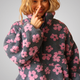 Women's Floral Print Teddy Pullover - Soft Spring Sweater with Zip Collar and Pockets