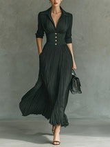Womens Pleated Maxi Dress with Lapel and High Waist