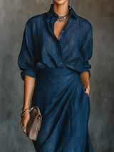 Long Sleeve V-Neck Wrap Maxi Dress with Textured Finish