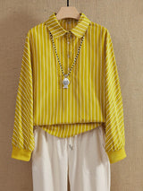 Long-Sleeved Striped Shirt Blouse with Half-Button Closure