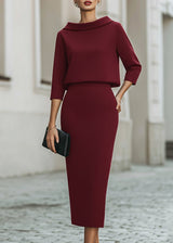 Women’s Boat Neck Midi Skirt Set with Elegant 3/4 Sleeves