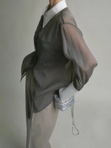 Women's sheer long-sleeved shirt with contrasting collar and cuffs