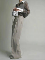 Women's sheer long-sleeved shirt with contrasting collar and cuffs