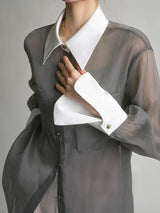 Women's sheer long-sleeved shirt with contrasting collar and cuffs