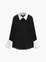 Women's sheer long-sleeved shirt with contrasting collar and cuffs
