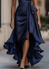Women’s Satin Halter Neck Gown with Asymmetric Ruffles