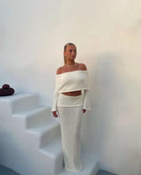 Women's two-piece set, off-the-shoulder, shimmering white