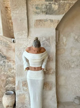 Women's two-piece set, off-the-shoulder, shimmering white
