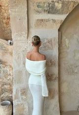 Women's two-piece set, off-the-shoulder, shimmering white