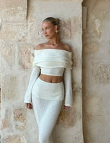 Women's two-piece set, off-the-shoulder, shimmering white