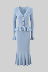 Women's fitted outfit with cardigan and midi skirt