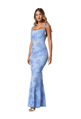 Long Fitted Dress with Floral Details and Tie Straps