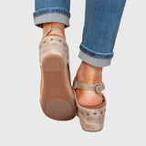 Women's suede orthopedic sandals with a comfortable wedge heel, open toe, and ergonomic insole