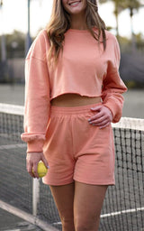Women's Two-Piece Sports Outfit: Long-Sleeved Sweater and Solid-Color Shorts