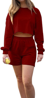 Women's Two-Piece Sports Outfit: Long-Sleeved Sweater and Solid-Color Shorts