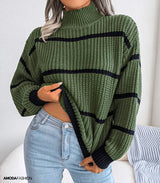 Long-sleeved striped turtleneck sweater, knitted