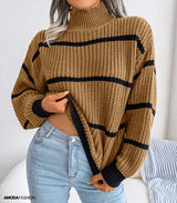 Long-sleeved striped turtleneck sweater, knitted