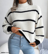 Long-sleeved striped turtleneck sweater, knitted