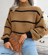 Long-sleeved striped turtleneck sweater, knitted
