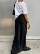 Women's long, flowing satin high-waisted skirt