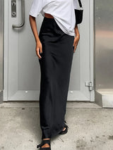 Women's long, flowing satin high-waisted skirt