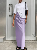 Women's long, flowing satin high-waisted skirt