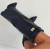 Knee-High Women's Suede Boots with Block Heel and Elegant Buckle