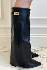 Knee-High Women's Suede Boots with Block Heel and Elegant Buckle