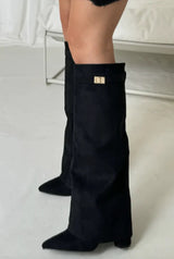 Knee-High Women's Suede Boots with Block Heel and Elegant Buckle