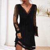 Evening Dress with Mesh Sleeves and Asymmetrical Hem