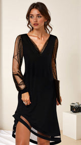 Evening Dress with Mesh Sleeves and Asymmetrical Hem