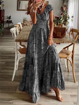 Women's long bohemian dress with ruffles and V-neck