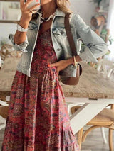 Women's long bohemian dress with ruffles and V-neck