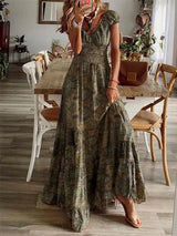 Women's long bohemian dress with ruffles and V-neck