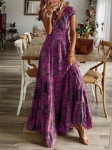 Women's long bohemian dress with ruffles and V-neck