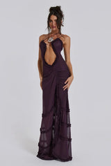 Women's long V-neck dress with draped details