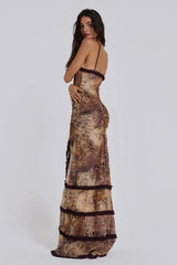 Women's long V-neck dress with draped details
