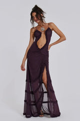 Women's long V-neck dress with draped details