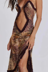 Women's long V-neck dress with draped details