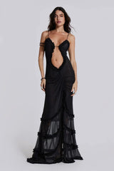 Women's long V-neck dress with draped details