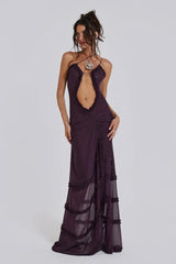 Women's long V-neck dress with draped details