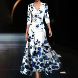 Women's long V-neck floral print dress with belt