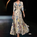 Women's long V-neck floral print dress with belt