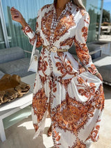 Women's long printed dress with high slit and V-neck