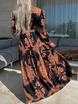 Women's long printed dress with high slit and V-neck