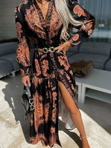 Women's long printed dress with high slit and V-neck