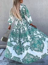 Women's long printed dress with high slit and V-neck