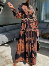 Women's long printed dress with high slit and V-neck